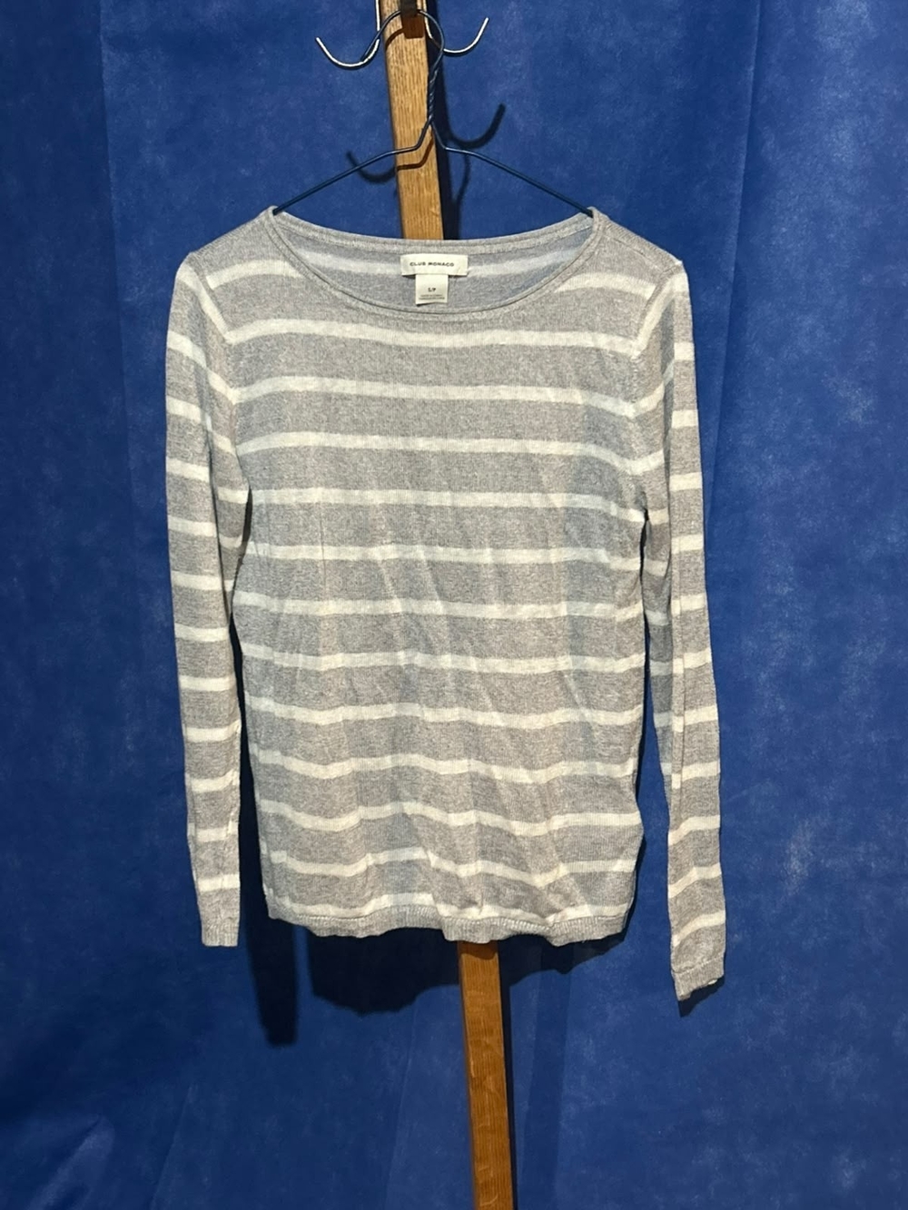 Club Monaco Gray & White Striped Long Sleeve Crewneck Sweater